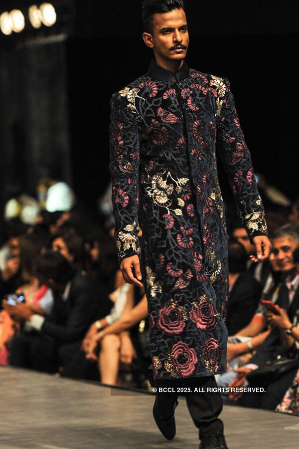 A model showcases a creation