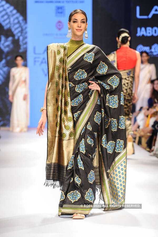 A model showcases a creation