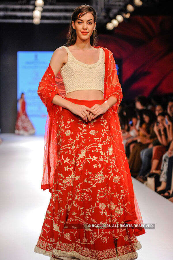 A model showcases a creation