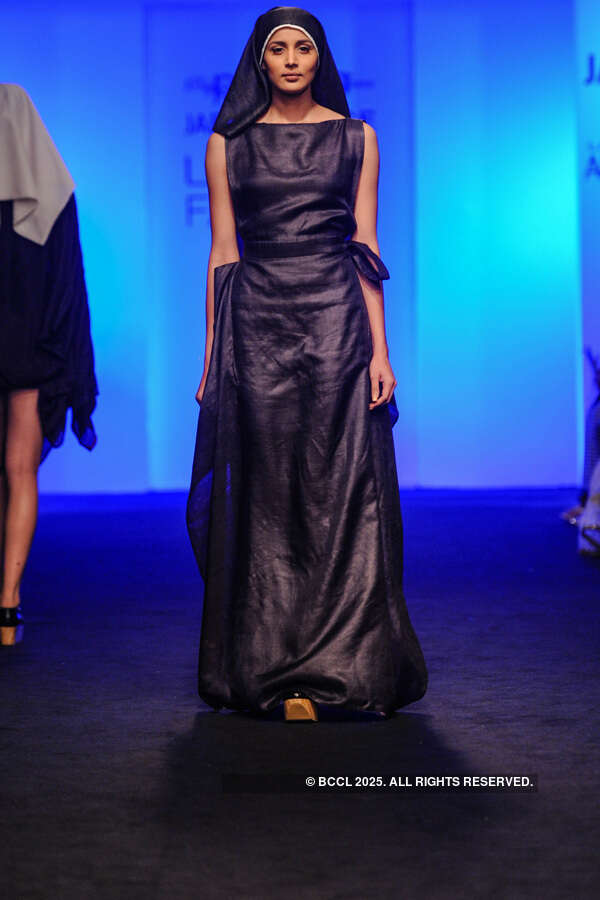 A model showcases a creation