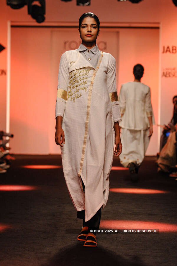 A model showcases a creation