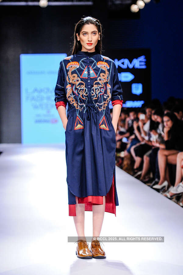 A model showcases a creation