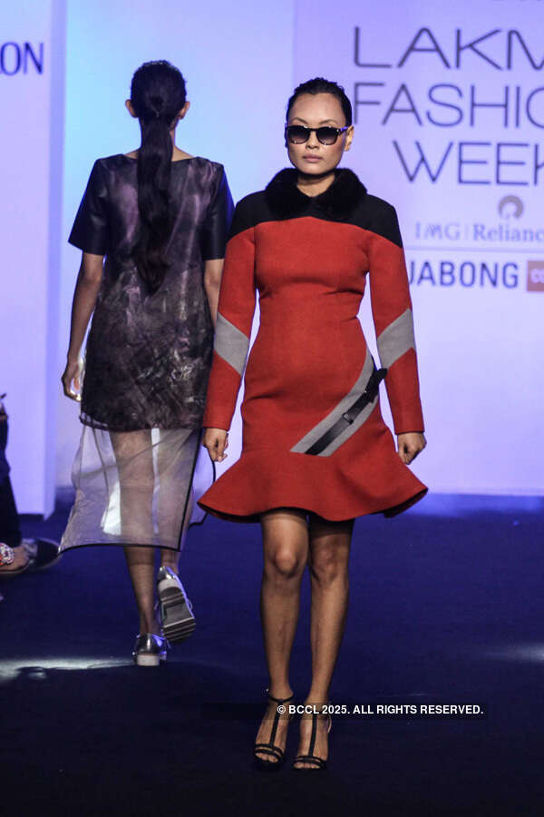 A model showcases a creation