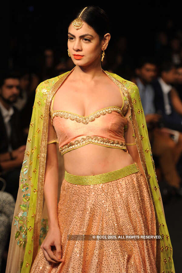 A model showcases a creation