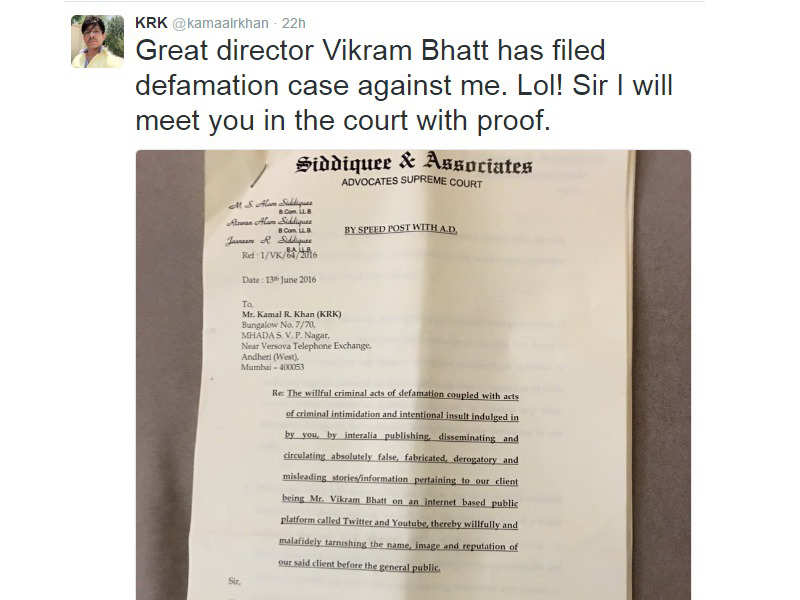 Vikram Bhatt sends defamation notice to Kamaal R Khan