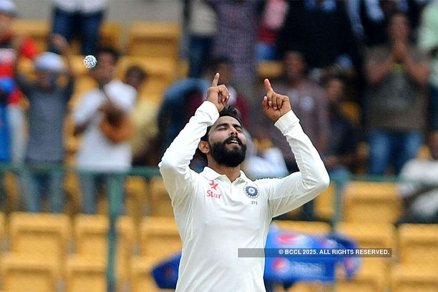 Ravindra Jadeja celebrates the dismissal of Australia's Nathan Lyon