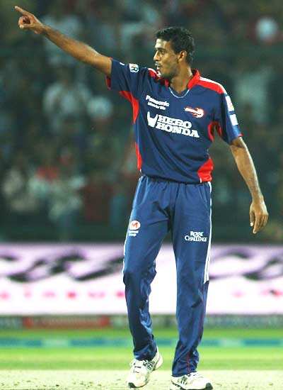 Maharoof of DD celebrates taking a wicket