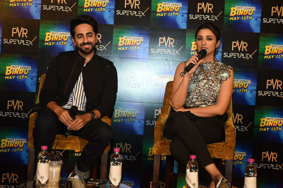 Parineeti Chopra speaks as Ayushmann Khurrana looks on