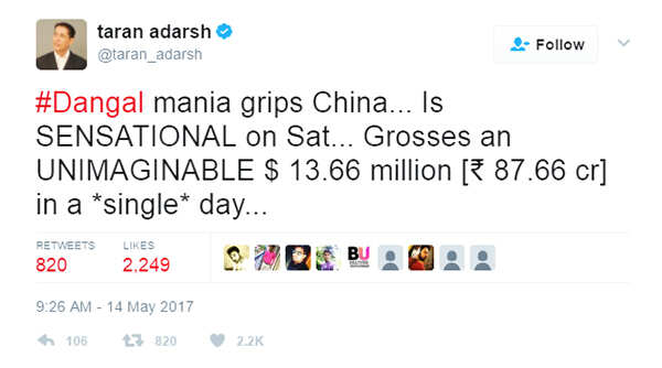 Taran's tweet about Dangal