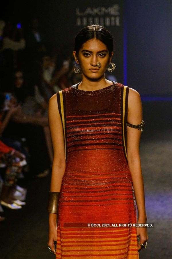 A model walks the ramp for designer Neha Agarwal on day 3 of the Lakme