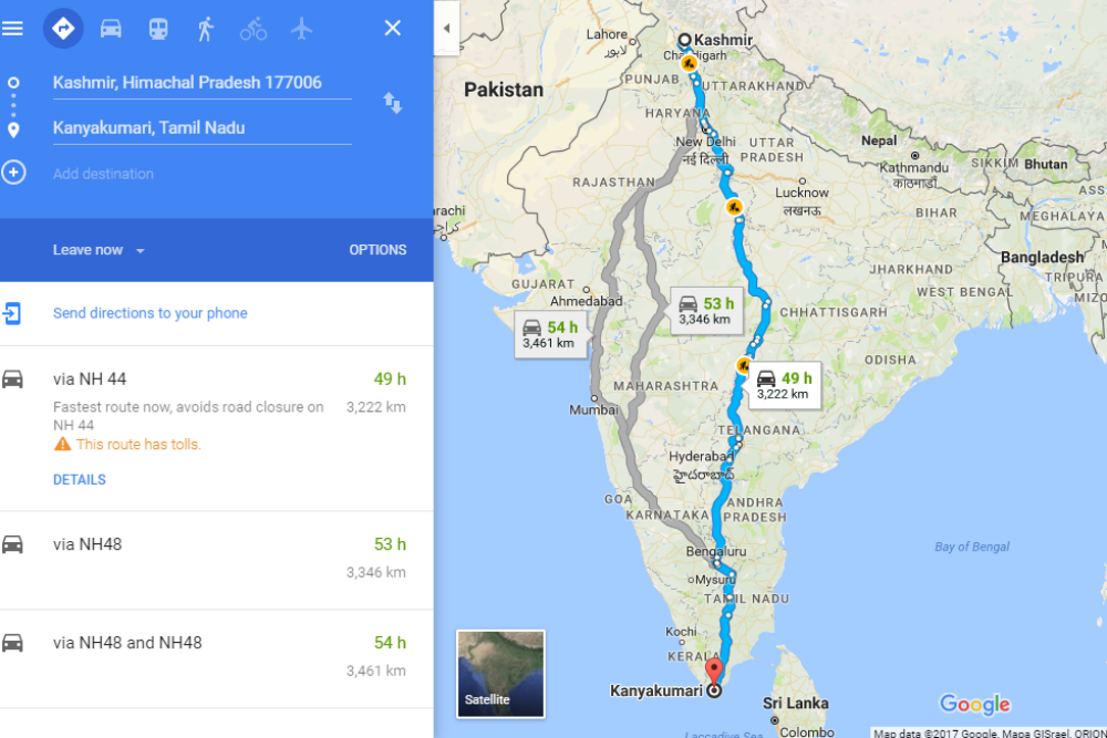 kerala to kashmir road trip map