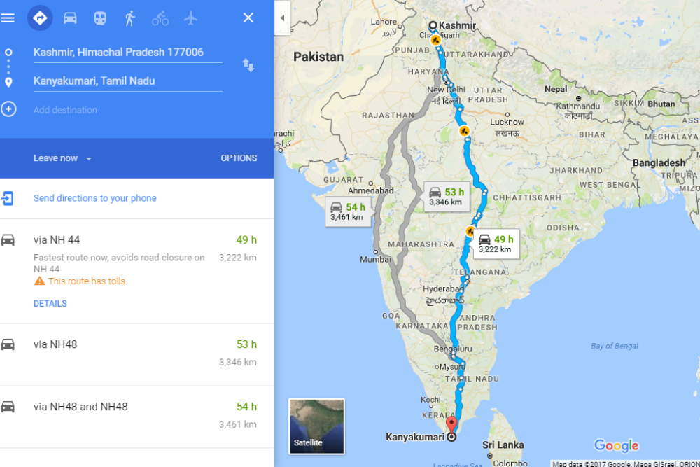 kerala to kashmir road trip distance