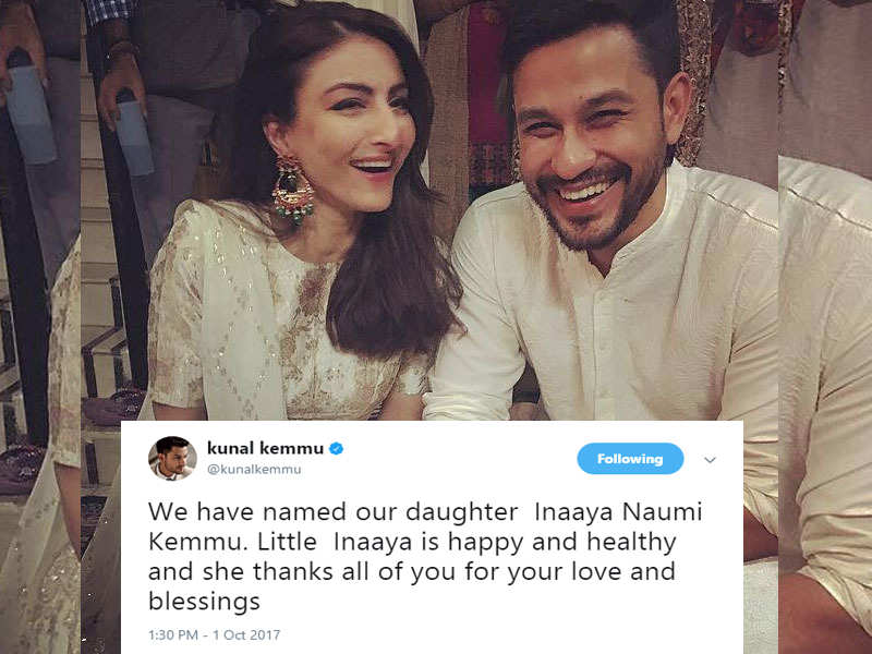 Kunal Kemmu and Soha Ali Khan announce daughter's name on Twitter