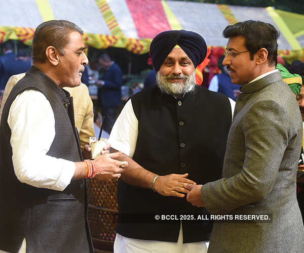Praful Patel, Rajyavardhan Singh Rathore and Sukhbir Singh Badal