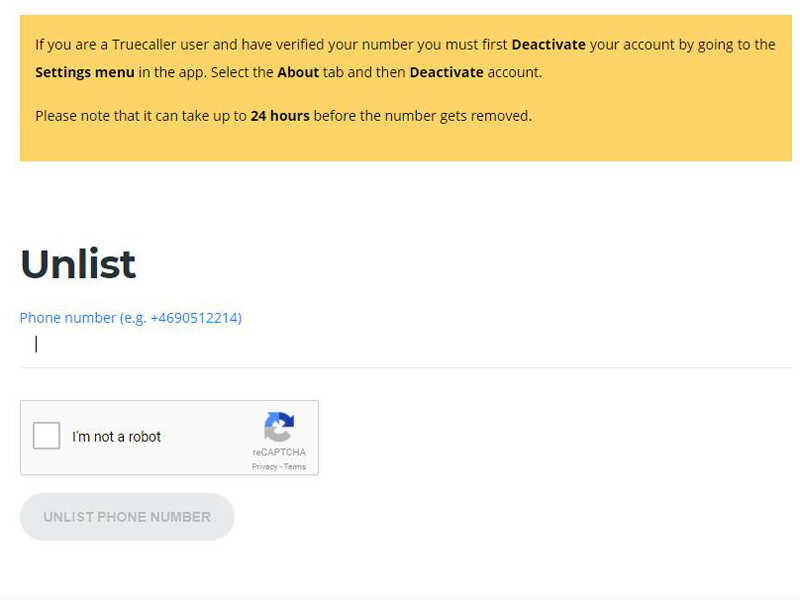 Unlist your number from the app