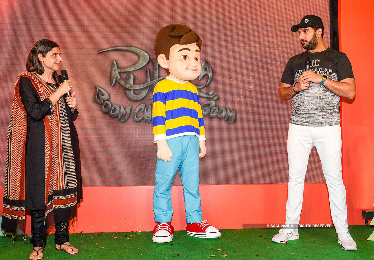 Anu Sikka, Rudra and Yuvraj Singh during the launch of Nickelodeon TV  channel's new cartoon show 'Rudra - Boom Chick Chick Boom' in Mumbai -  Photogallery