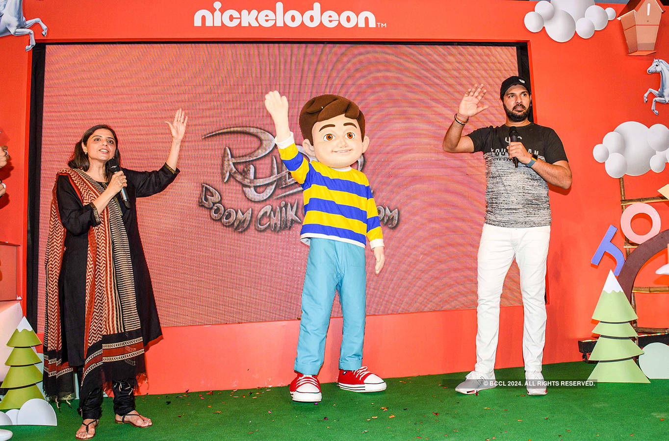 Anu Sikka, Rudra and Yuvraj Singh during the launch of Nickelodeon TV  channel's new cartoon show 'Rudra - Boom Chick Chick Boom' in Mumbai -  Photogallery