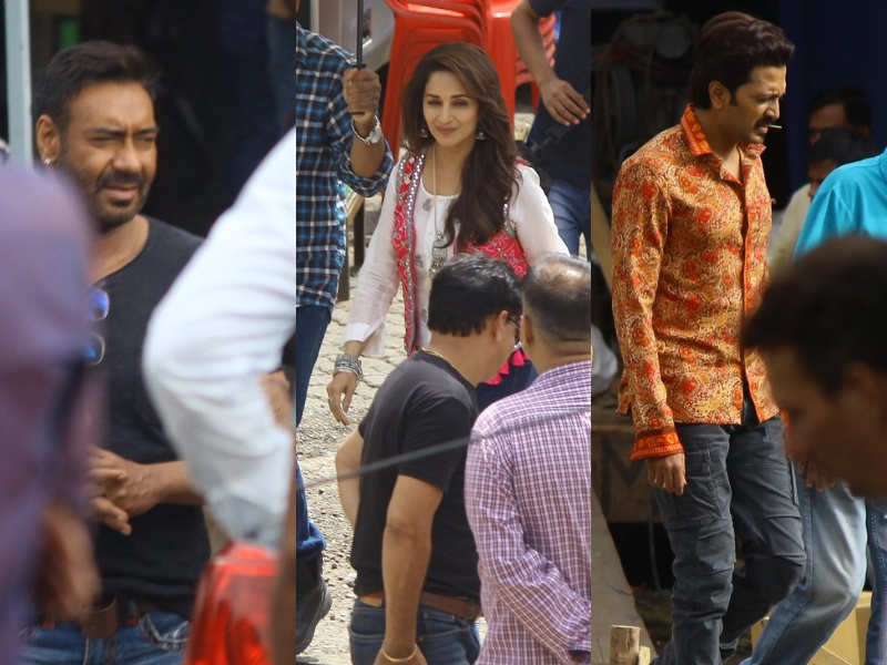 Ajay Devgn, Madhuri Dixit, and Riteish Deshmukh snapped on the sets of 'Total Dhamaal'