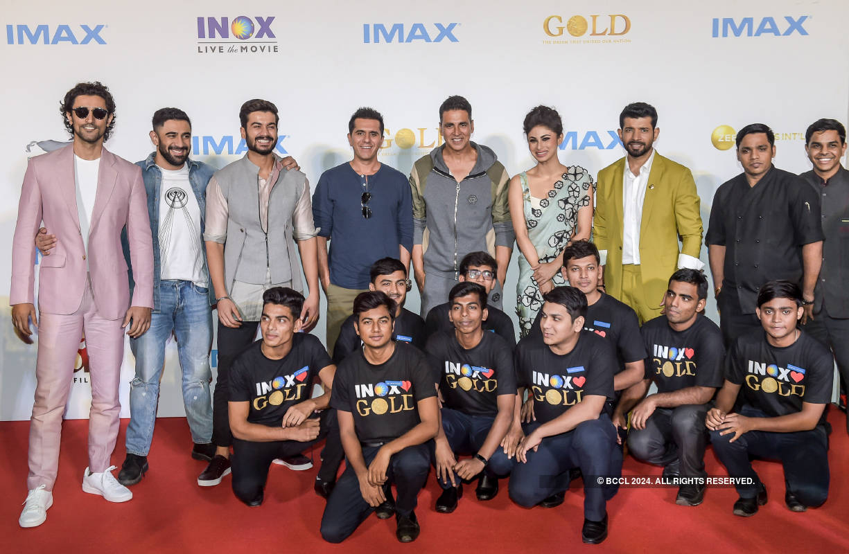Kunal Kapoor, Amit Sadh, Sunny Kaushal, Ritesh Sidhwani, Akshay Kumar, Mouni  Roy and Vineet Kumar Singh share a light moment during the IMAX trailer  launch of Bollywood film 'Gold' in Mumbai on