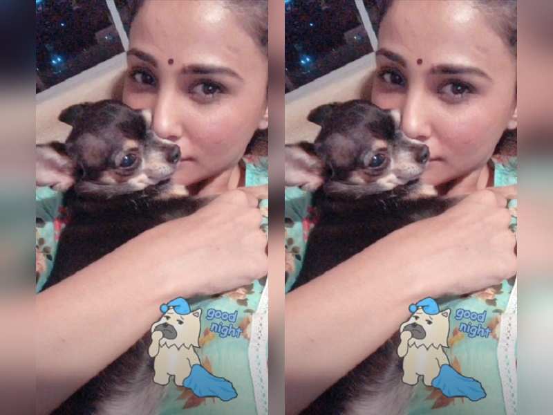 Daisy Shah poses with her pooch Blessy for a good night picture