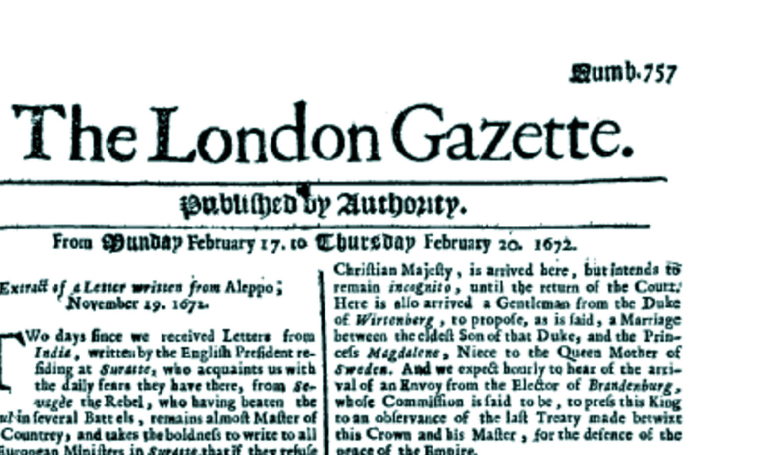 Today in History: The London Gazette first edition published on Nov 7, 1665