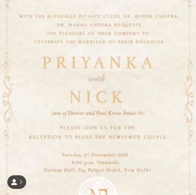 Photo Priyanka Chopra Nick Jonas Wedding Reception Invitation Card Hindi Movie News Times Of India