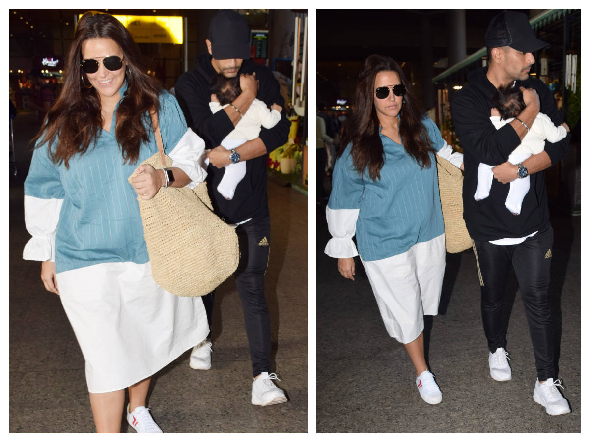 Photos: Neha Dhupia and Angad Bedi return from her Goa vacation with daughter Mehr Dhupia Bedi