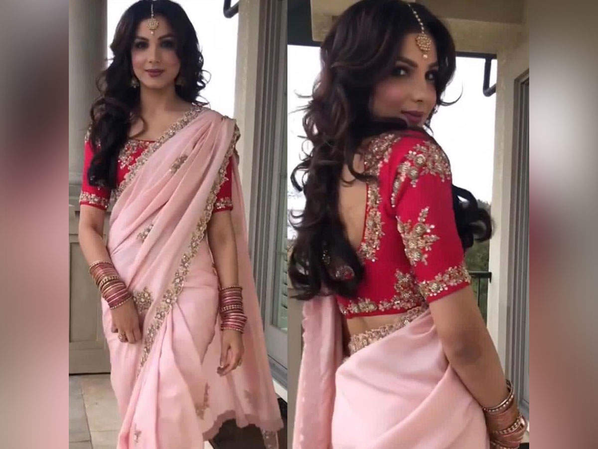 Pic: Styled in a baby pink coloured saree, Monica Gill looks ethereal