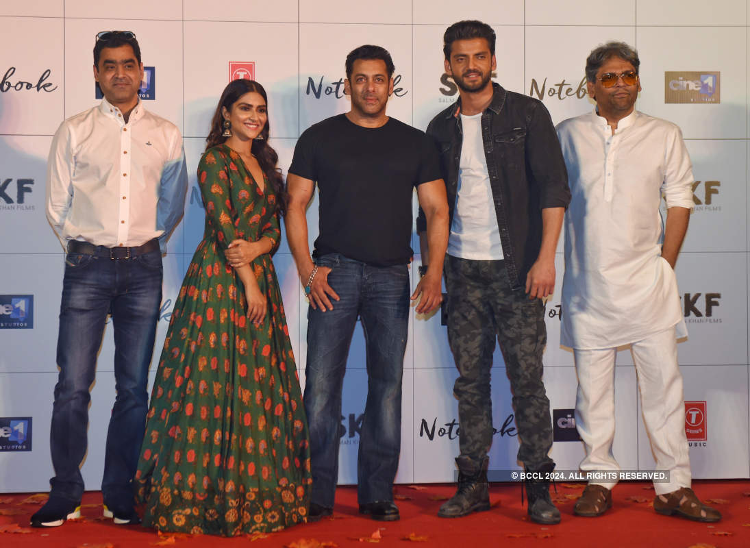 Murad Khetani, Pranutan Bahl, Salman Khan, Zaheer Iqbal and Ashwin Varde pose together during the trailer of Bollywood 'Notebook' held at PVR in Mumbai Photogallery