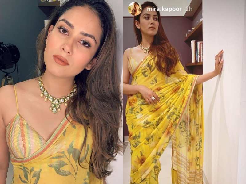 Photos Mira Rajput Looks Ravishing In Yellow Saree And Rainbow Blouse