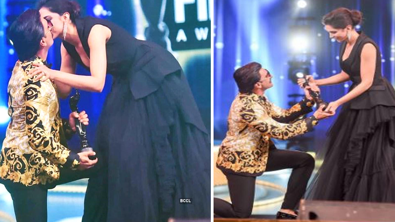   64th Vimal Elaichi Filmfare Awards 2019: Deepika Padukone Kisses Her Husband Ranveer Singh While He Lies on One Knee 