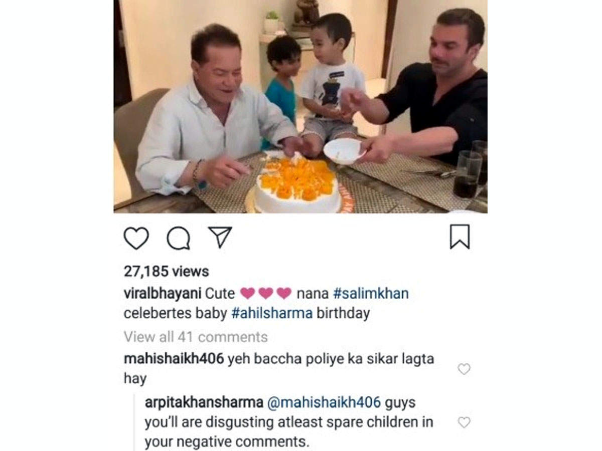   arpita "title =" arpita "/> </div>
<p>  However, she subsequently deleted her comment on the post where an ecstatic boy, Ahil, was sitting on the table while his grandfather Salim Khan was cutting the cake.</p>
<p>  Fans quickly took note of this comment as they approached to criticize the troll. While some condemned the troll for spreading negativity, others called the person to take a child.</p>
<p>  Arpita, who has been dealing with many critics of this kind, has already shared an article on social networks in which one could read: "Hey, I would ask all our supporters not to waste their time reacting against random people, unemployed, precarious, jealous. Insecurities and jealousy can sometimes make you lose the plot. Ignore them and move on.</p>
<p>
</div>
</pre>
</pre>
[ad_2]
<br /><a href=