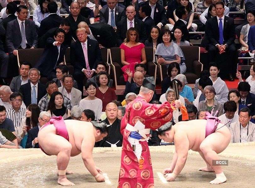 Donald Trump enjoys sumo wrestling in Japan