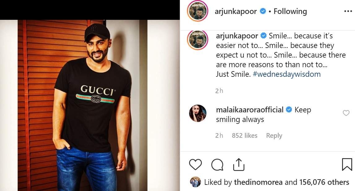   Arjun Malaika "title =" Arjun Malaika "/> </div>
<p>  On the other hand, Farah Khan had a fun version of her post.He commented," Gyaani baba?? ", while Kriti Sanon given an extra reason smiled, she wrote: "Smile … because it suits you well! 😉 ".</p>
<p>  Anshula Kapoor, Arjun 's sister, left: "I love you" as a comment on the post. Arjun.</p>
<div data-type=