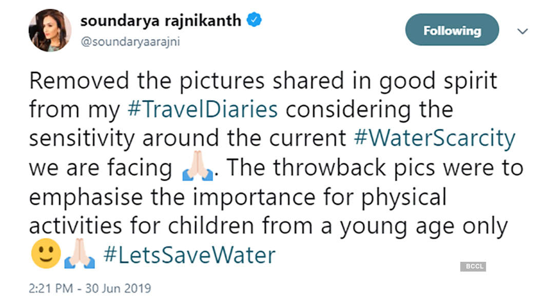 Rajinikanth's daughter Soundarya Rajinikanth deletes pool picture after getting trolled