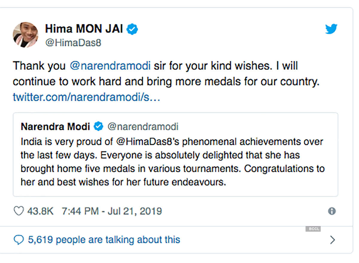 PM Modi and Tendulkar congratulate Hima Das for winning five gold medals
