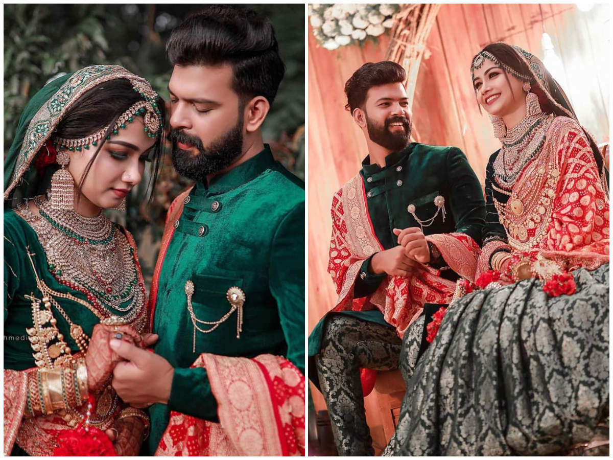 bride and groom indian wedding outfit matching green ...