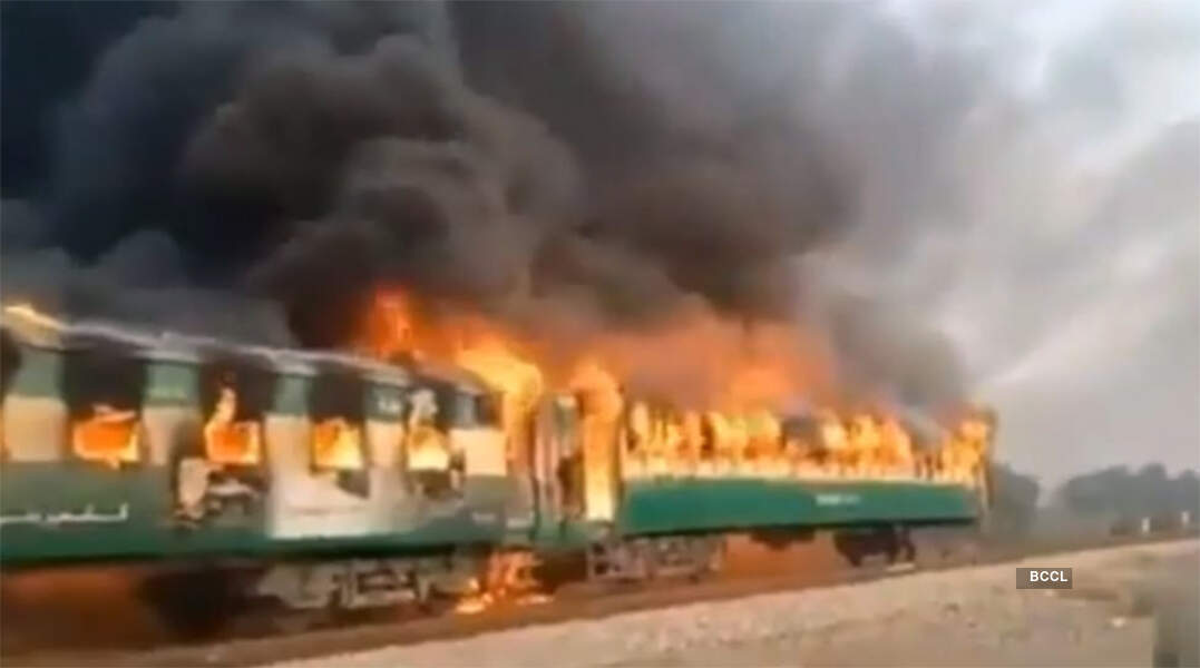 Shocking pictures of massive fire on moving train in Pakistan