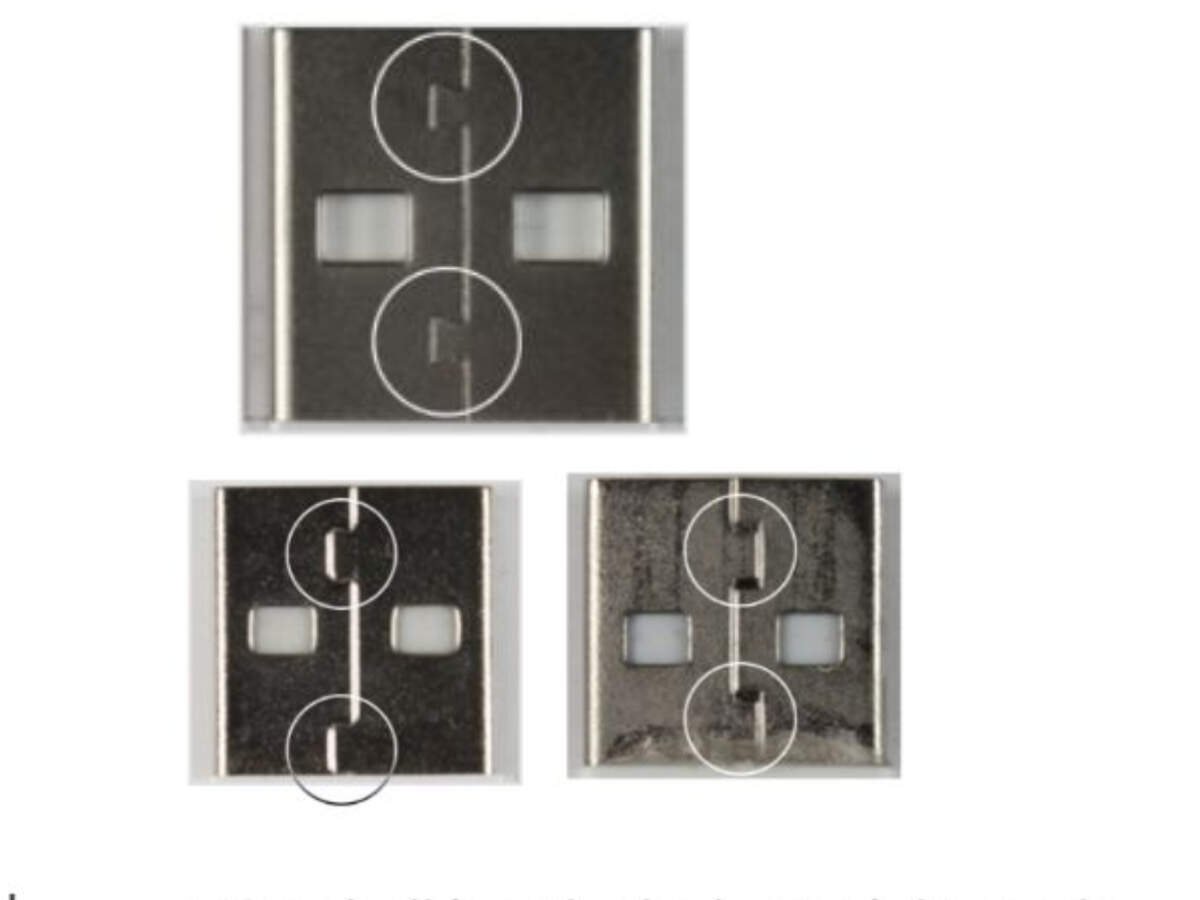 USB Type-A interlocks in USB-connector end of the Lightning to USB cable are trapezoidal and equally spaced from the edge of the cable