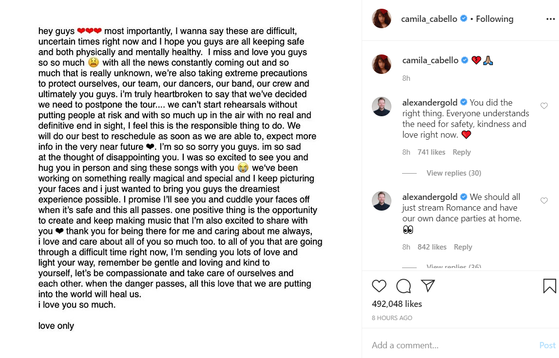 Camila Cabello postpones her tour due to coronavirus outbreak English