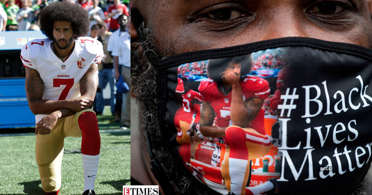 Pictures of African American NFL star Colin Kaepernick, who protested against police brutality four years ago