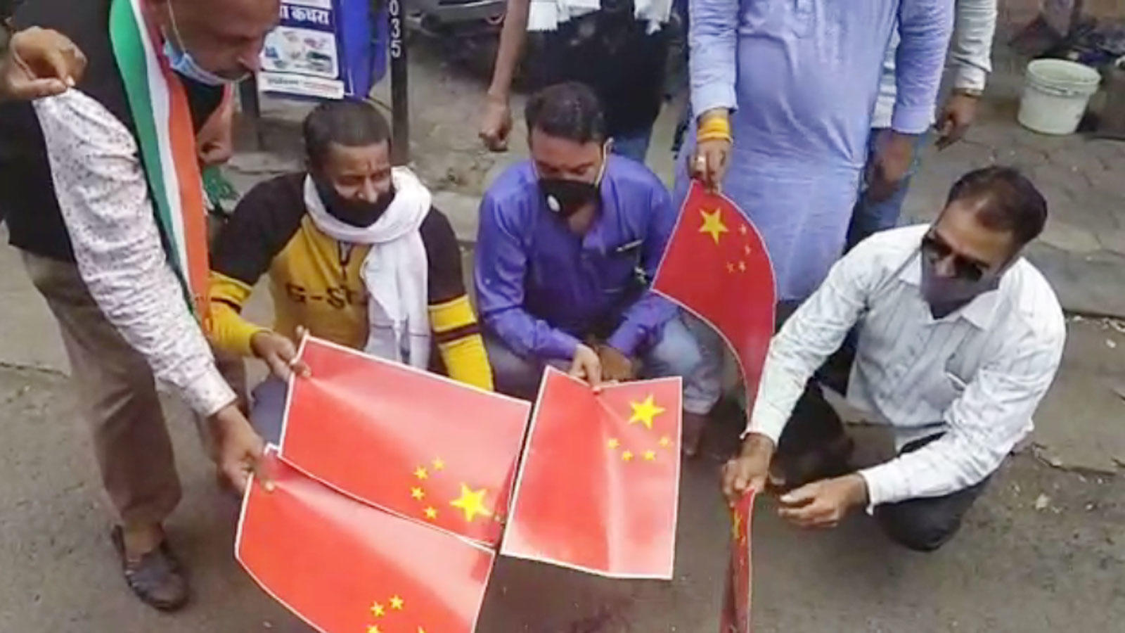 Mp Congress Workers Protest Against China Burn Chinese Flags Over