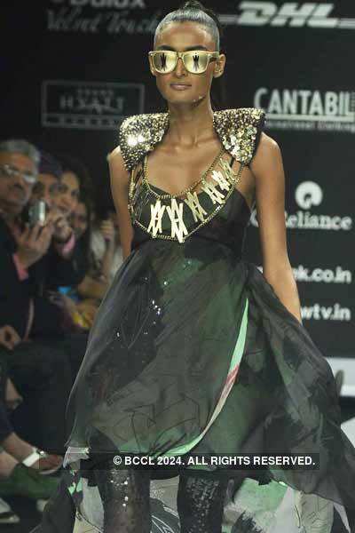 A model showcases a creation by designers Anna-Liza Ganguly and Anita ...