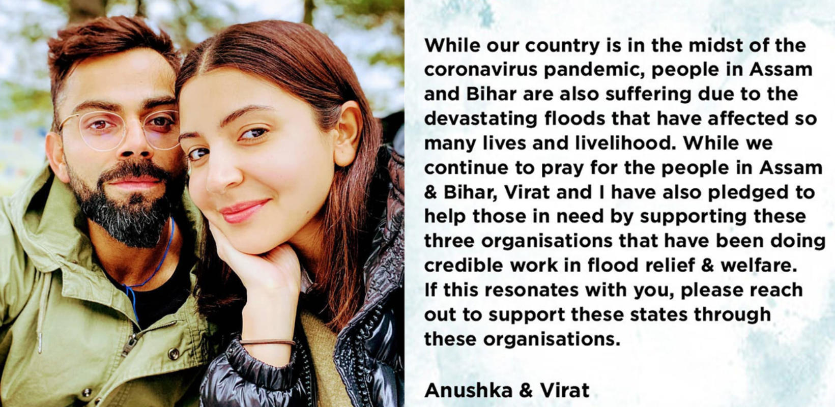 Anushka Sharma and Virat Kohli come out in support of people affected by floods in Assam & Bihar