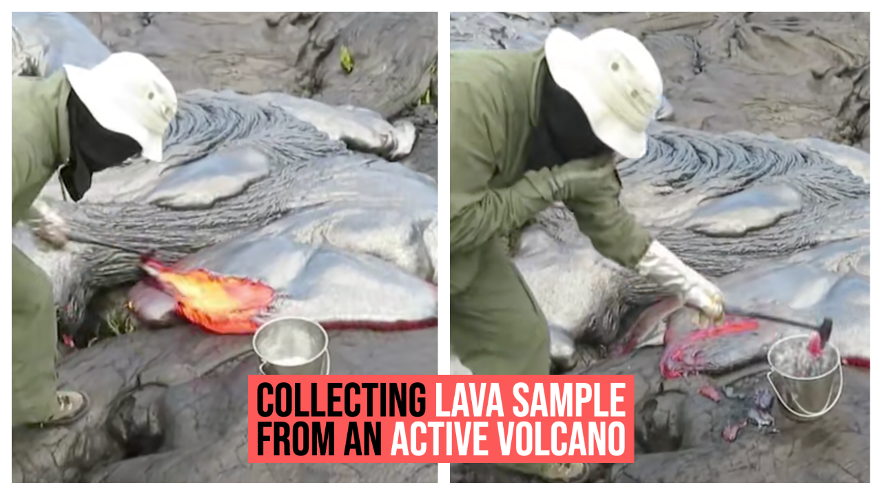 Ever seen geologists collect lava sample from an active volcano?