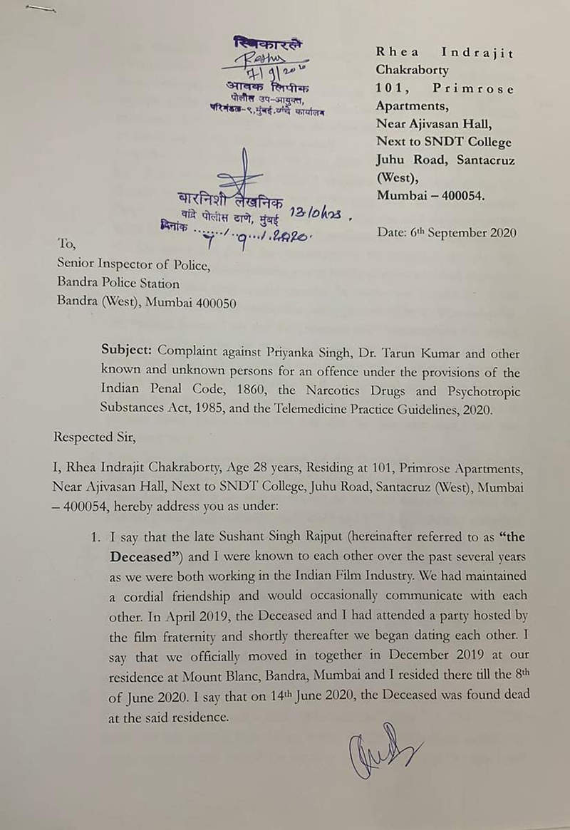 Rhea Chakraborty files an FIR against Sushant Singh Rajput's sister for forgery