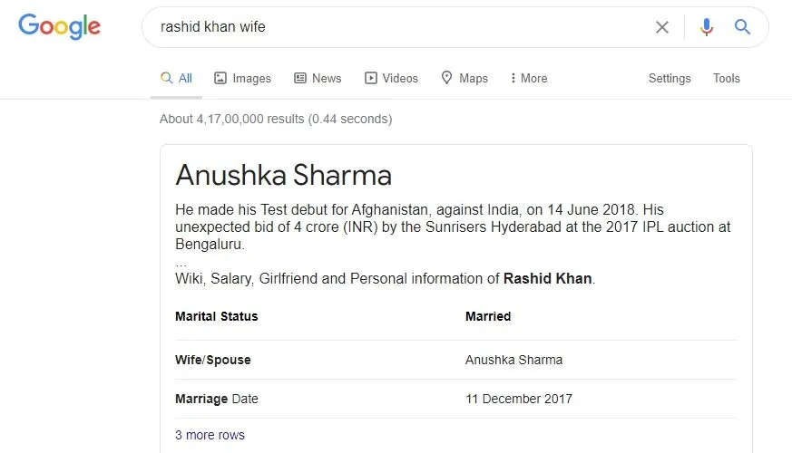 Rashid Khan Wife Here S Why Google Search Showed Anushka Sharma As Afghanistan Cricketer Rashid Khan S Wife