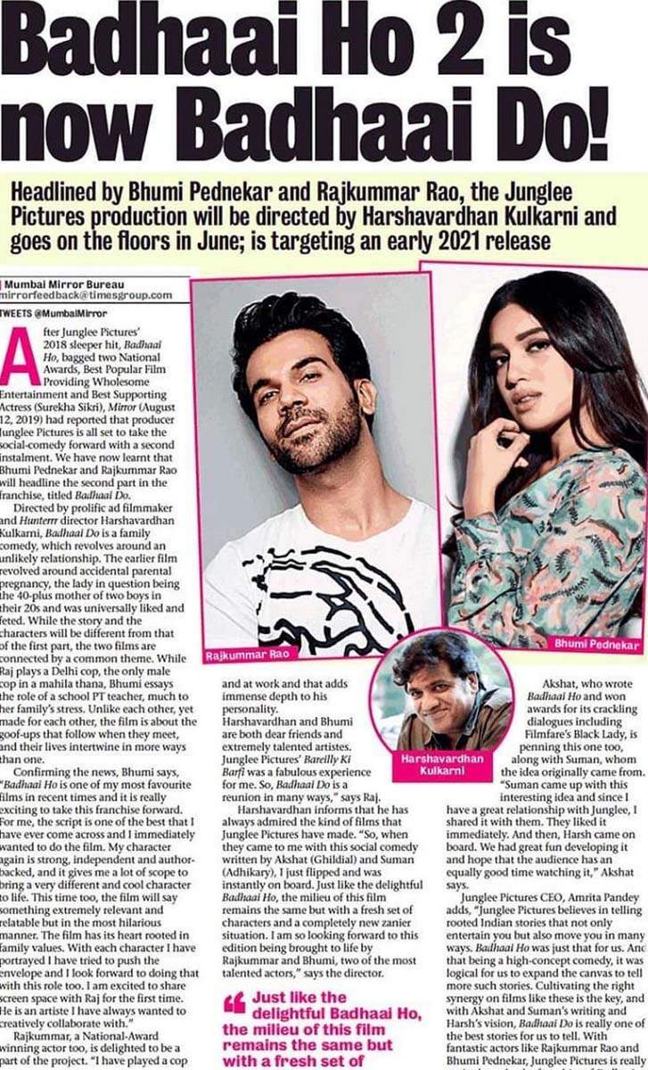 Rajkummar Rao and Bhumi Pednekar to begin shooting for 'Badhaai Ho' sequal