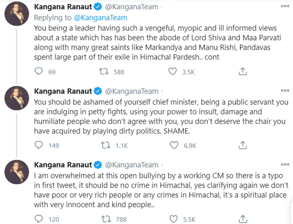 Kangana Ranaut Claps Back At Maharashtra Cm Uddhav Thackeray Says She Is Overwhelmed At This Open Bullying Times Of India