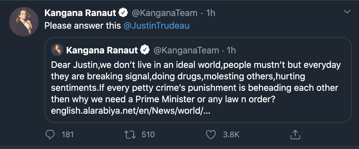 Kangana Larnout Is Calling On Canadian Prime Minister Justin Trudeau For Free Speech Say We Don T Live In An Ideal World Hindi Movie News India News Republic